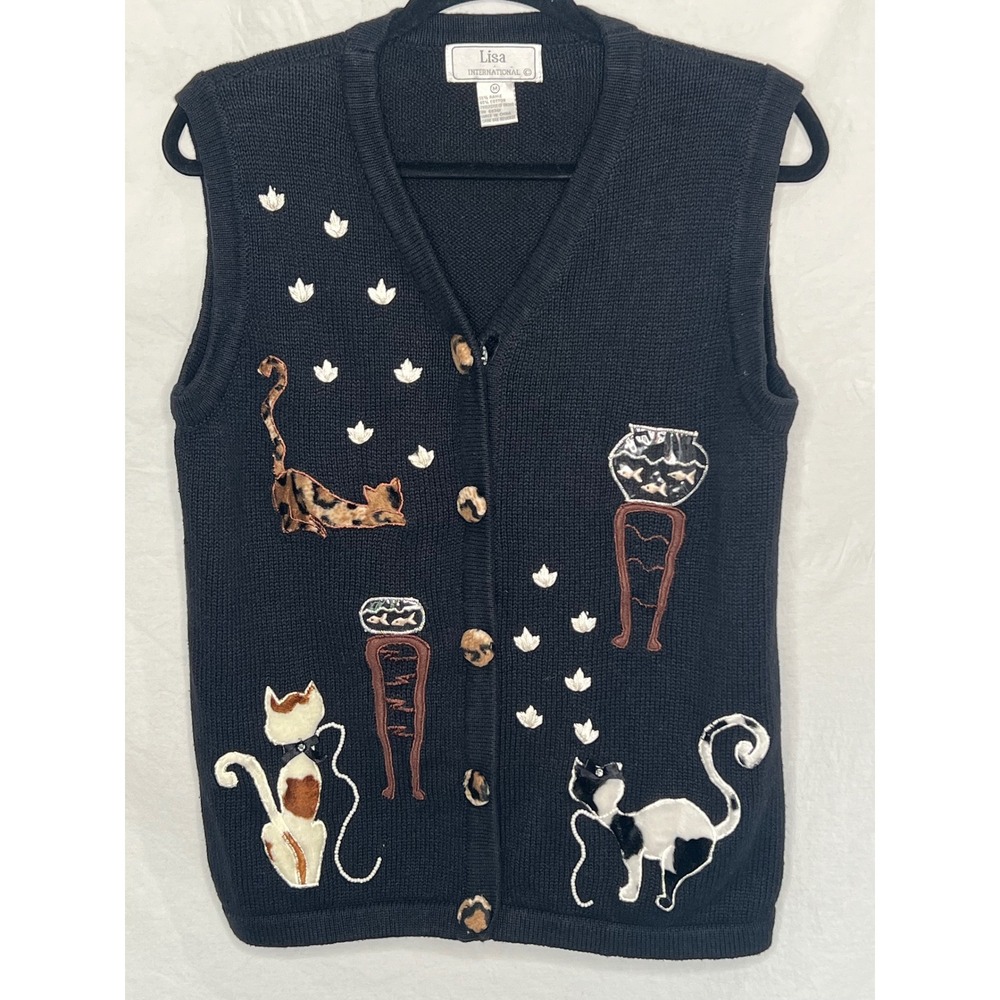 VTG Black Knit Cotton Fur Vest Cat Fish Bowl Grannycore Sz M Lisa International
